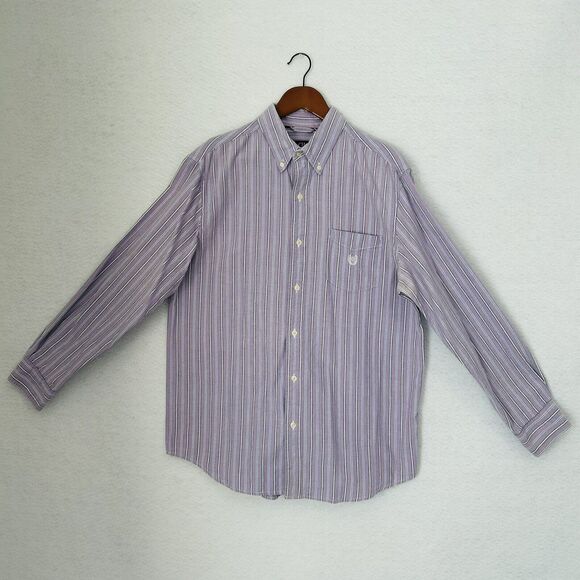 Chaps Button Down Shirt Men Size Large Multi Vertical Stripe Oxford Cotton Logo - Picture 11 of 12